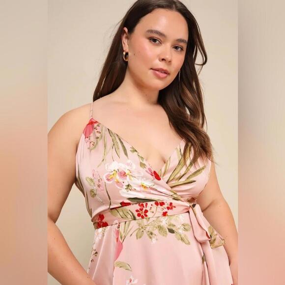 NWT Lulus Still the One Blush Pink Floral Print Satin Maxi Dress Size Medium - Picture 4 of 8